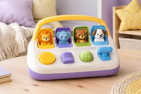 Jouet pop-up multicolore avec quatre animaux et commandes, posé sur une surface claire.