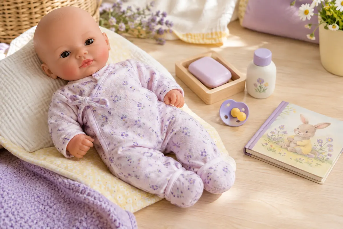 Poupée bébé Battat à corps doux accompagnée de ses accessoires de bain et d’un livre illustré