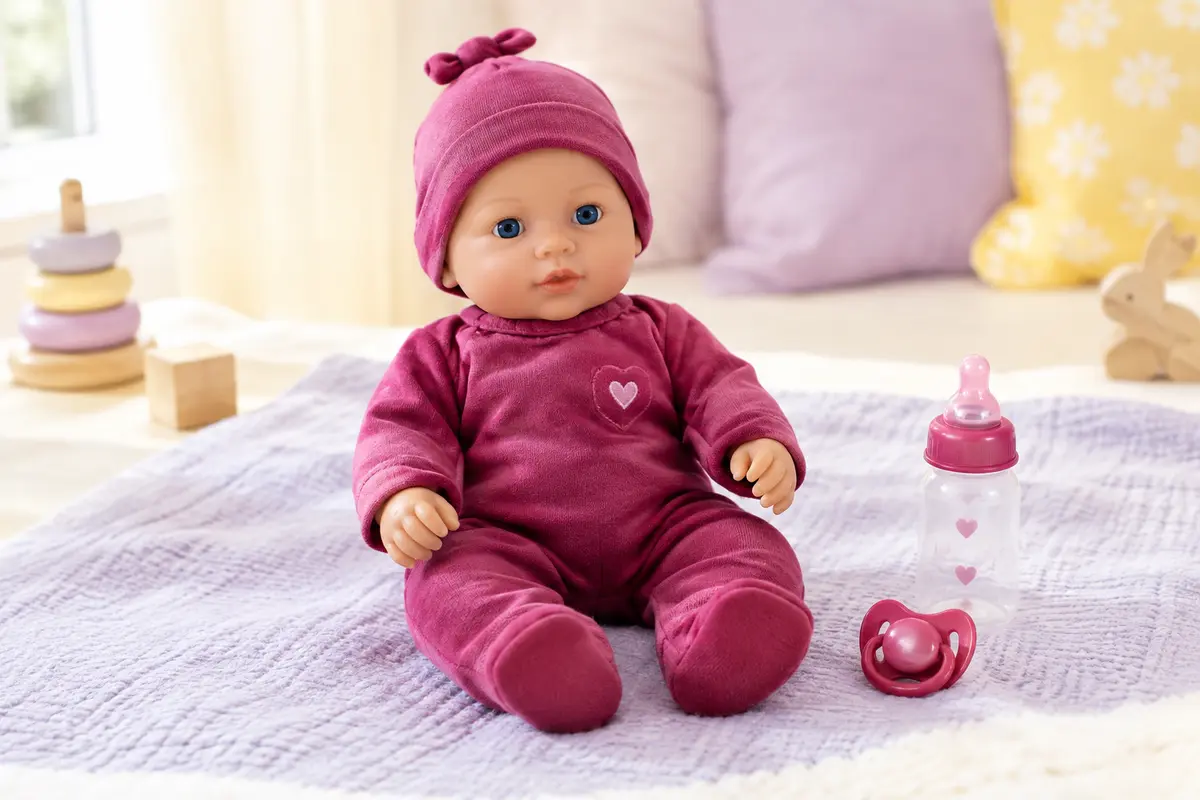 Poupon interactif rose foncé de 38 cm avec bonnet assorti, biberon et tétine sur un décor doux