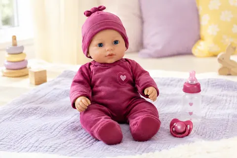 Poupon interactif rose foncé de 38 cm avec bonnet assorti, biberon et tétine sur un décor doux