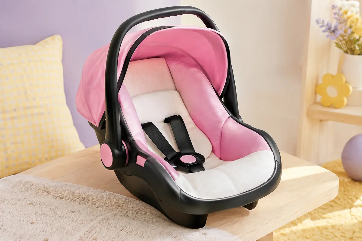Siège auto pour poupée noir, rose et blanc avec ceinture, poignée et pare-soleil relevé