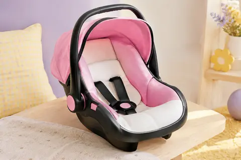 Siège auto pour poupée noir, rose et blanc avec ceinture, poignée et pare-soleil relevé