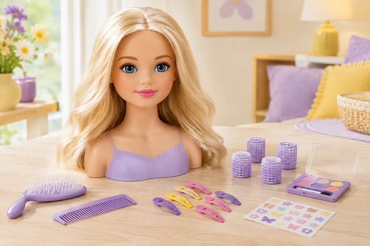 Tête à coiffer blonde Charlene avec brosse, peigne, bigoudis, pinces et palette de maquillage.