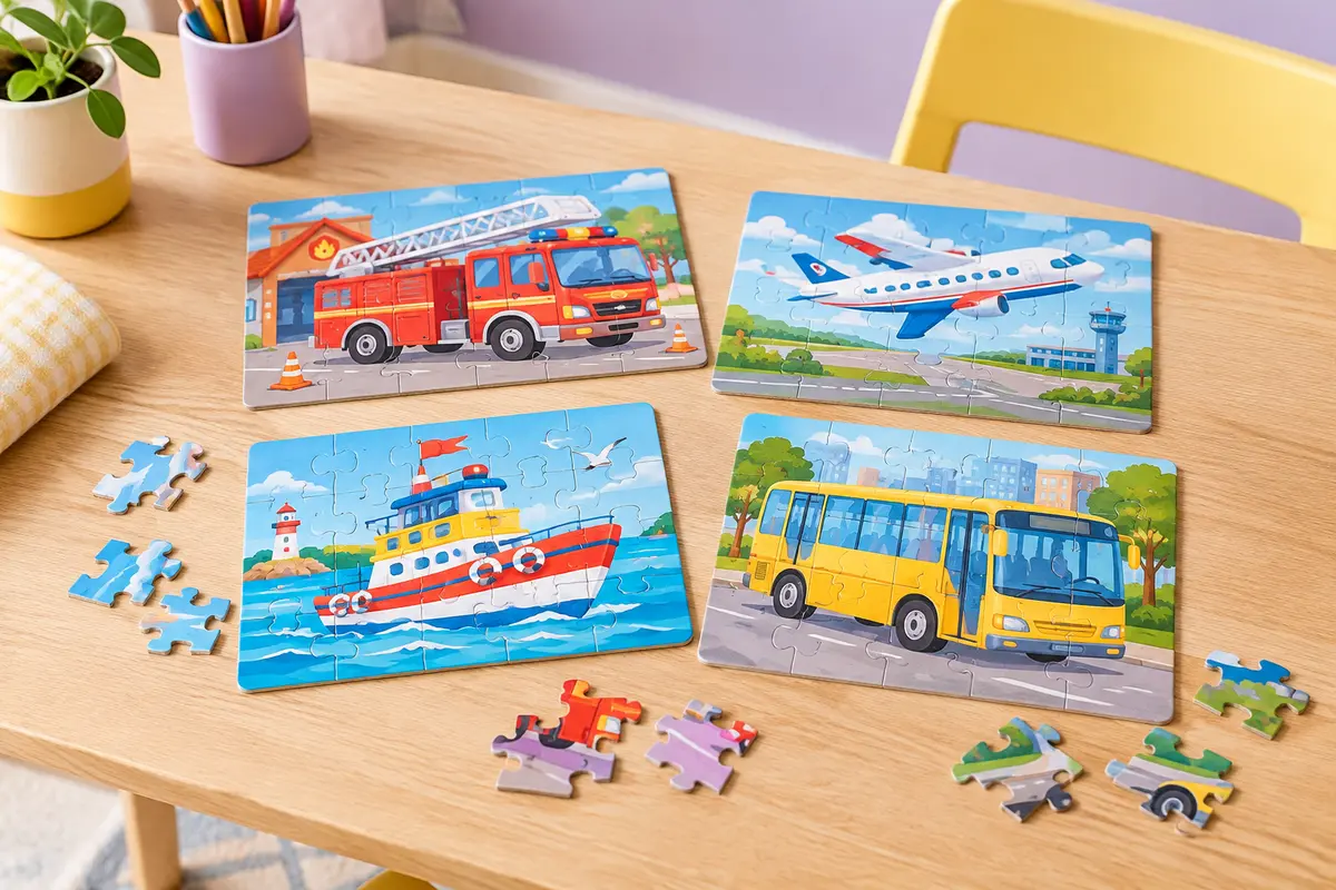 Quatre puzzles colorés sur le thème des transports, avec quelques pièces libres sur une table claire.