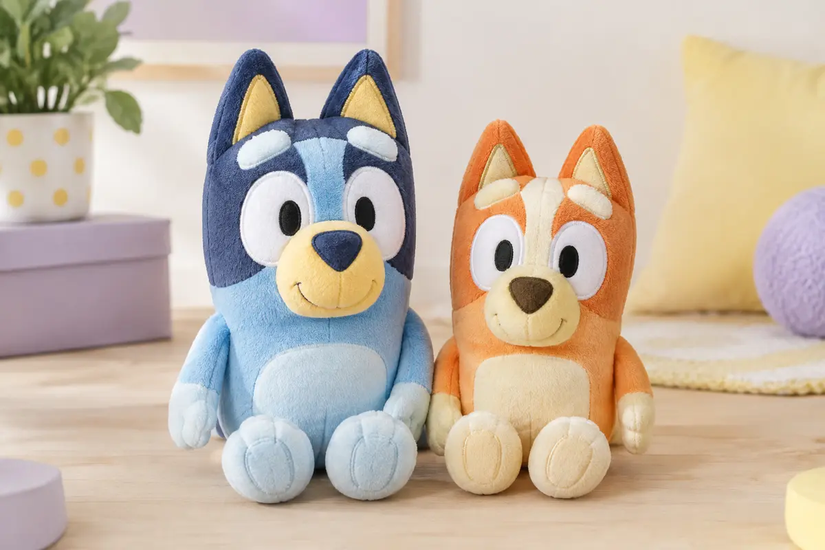 Deux peluches Bluey et Bingo en tissu bleu et orange, avec des détails brodés, posées côte à côte.