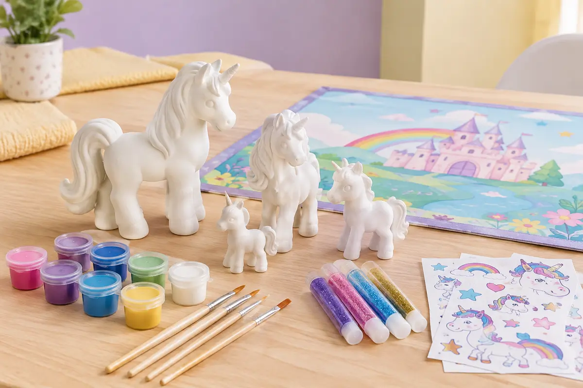 Kit de peinture avec figurines de licornes, pinceaux, pots de peinture et accessoires créatifs