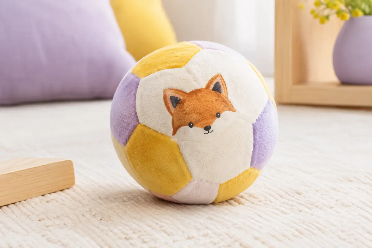 Mini ballon de football en mousse avec motif de renard posé sur un tapis crème