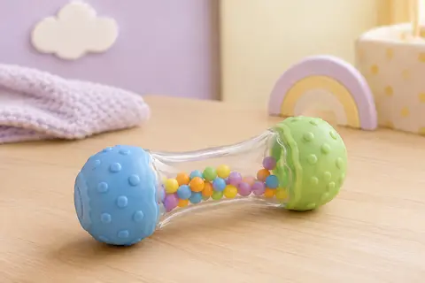Hochet shaker bleu et vert avec poignée transparente et perles multicolores, posé sur du bois clair.