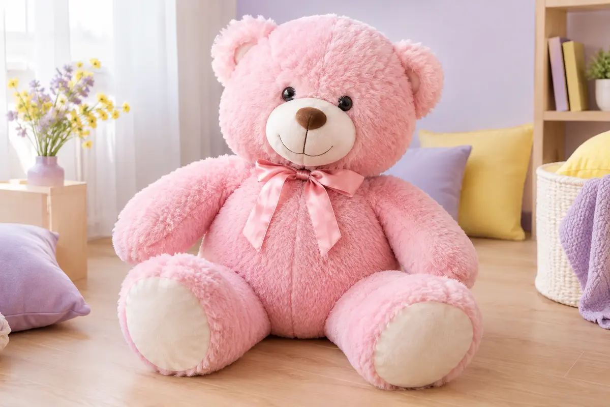 Ours en peluche rose de 100 cm, avec ruban noué, yeux boutons et sourire, posé dans un décor clair.