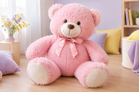 Ours en peluche rose de 100 cm, avec ruban noué, yeux boutons et sourire, posé dans un décor clair.