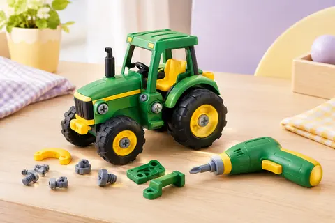 Tracteur jouet vert et jaune à assembler, posé avec son tournevis électronique sur une surface claire