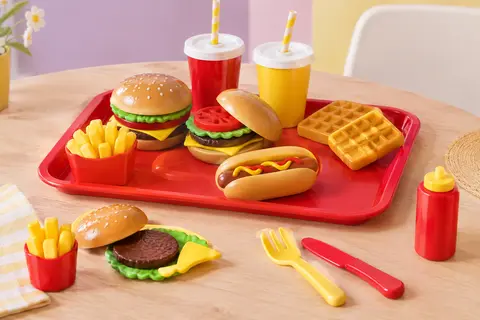 Dinette BUYGER en plastique avec aliments démontables, couverts et plateau sur une table claire