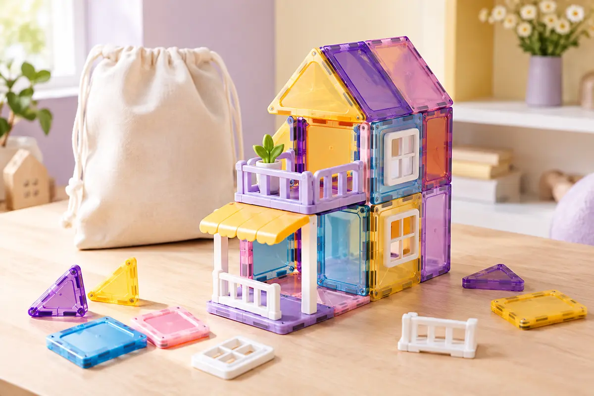 Blocs magnétiques colorés assemblés en maison avec balcon et auvent, accompagnés de pièces séparées.