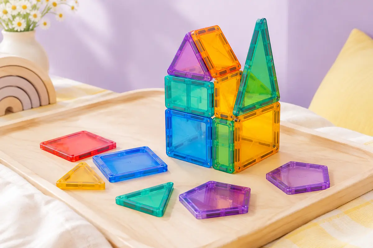 Tuiles magnétiques Coodoo multicolores assemblées en petite construction sur un fond lilas et crème.