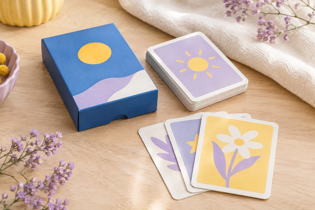 Boîte bleue compacte de jeu de cartes avec quelques cartes disposées sur une table en bois clair.