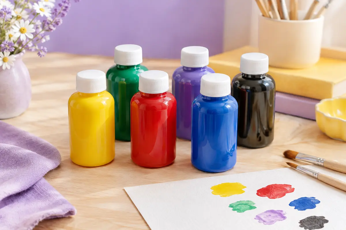 Six flacons de gouache lavable aux couleurs assorties, disposés sur une table dédiée aux loisirs créatifs.