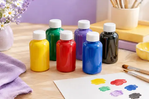 Six flacons de gouache lavable aux couleurs assorties, disposés sur une table dédiée aux loisirs créatifs.