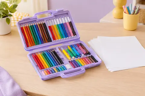 Mallette de coloriage ouverte avec crayons et marqueurs multicolores, posée sur une table en bois clair.