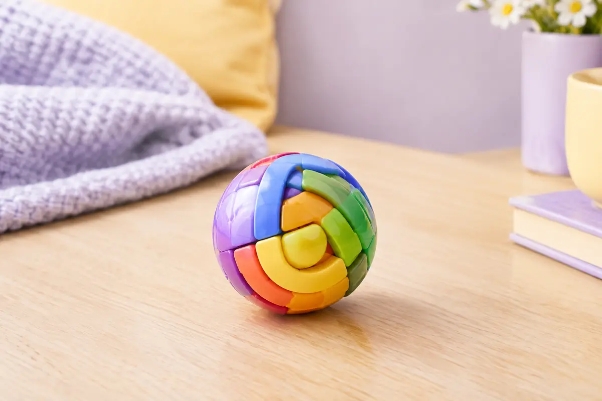 Balle casse-tête sphérique multicolore posée sur une table en bois clair dans un décor pastel lumineux.