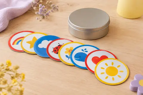 Cartes rondes colorées et boîte en métal présentées sur une table en bois clair