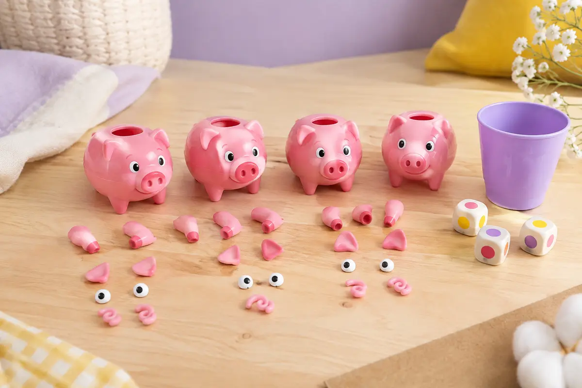 Cochons en plastique et petites pièces du jeu Le Cochon Qui Rit disposés sur une table claire