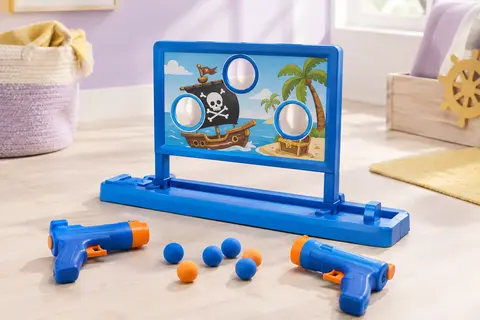 Cible mobile pirate bleue accompagnée de deux pistolets jouets et de balles en mousse colorées