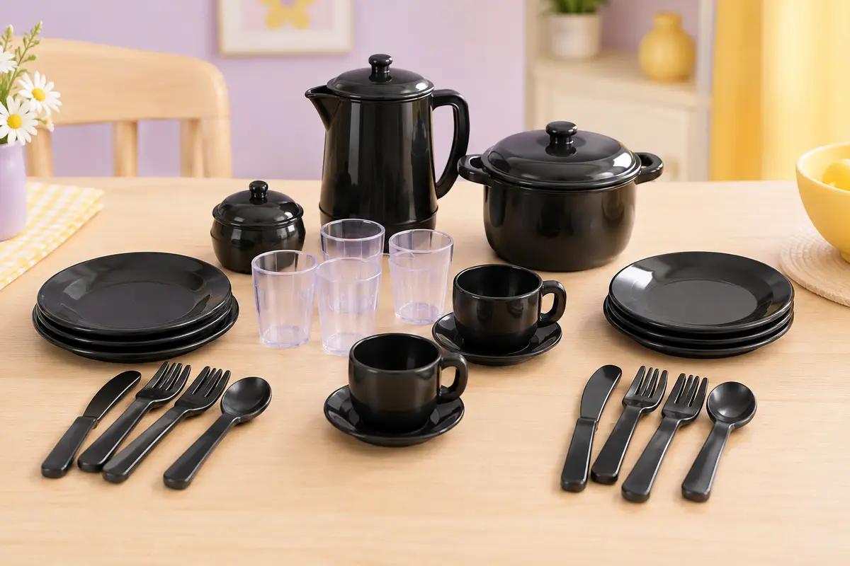 Plateau de dînette noir avec vaisselle et accessoires pour jouer au repas à quatre
