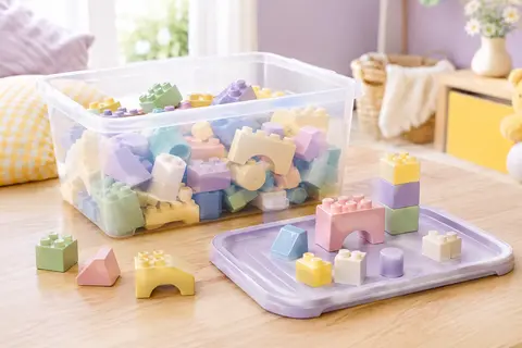 Bac transparent de rangement ouvert avec des briques de construction pastel et son couvercle utilisé comme base de jeu