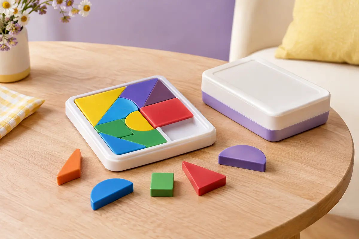 Étui compact et pièces multicolores du casse-tête Kanoodle présentés sur une table claire