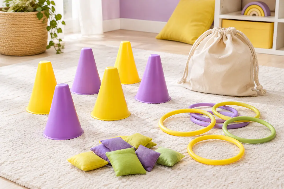 Jeu de lancer Eocolz avec cônes souples, anneaux colorés, poufs et sac de rangement