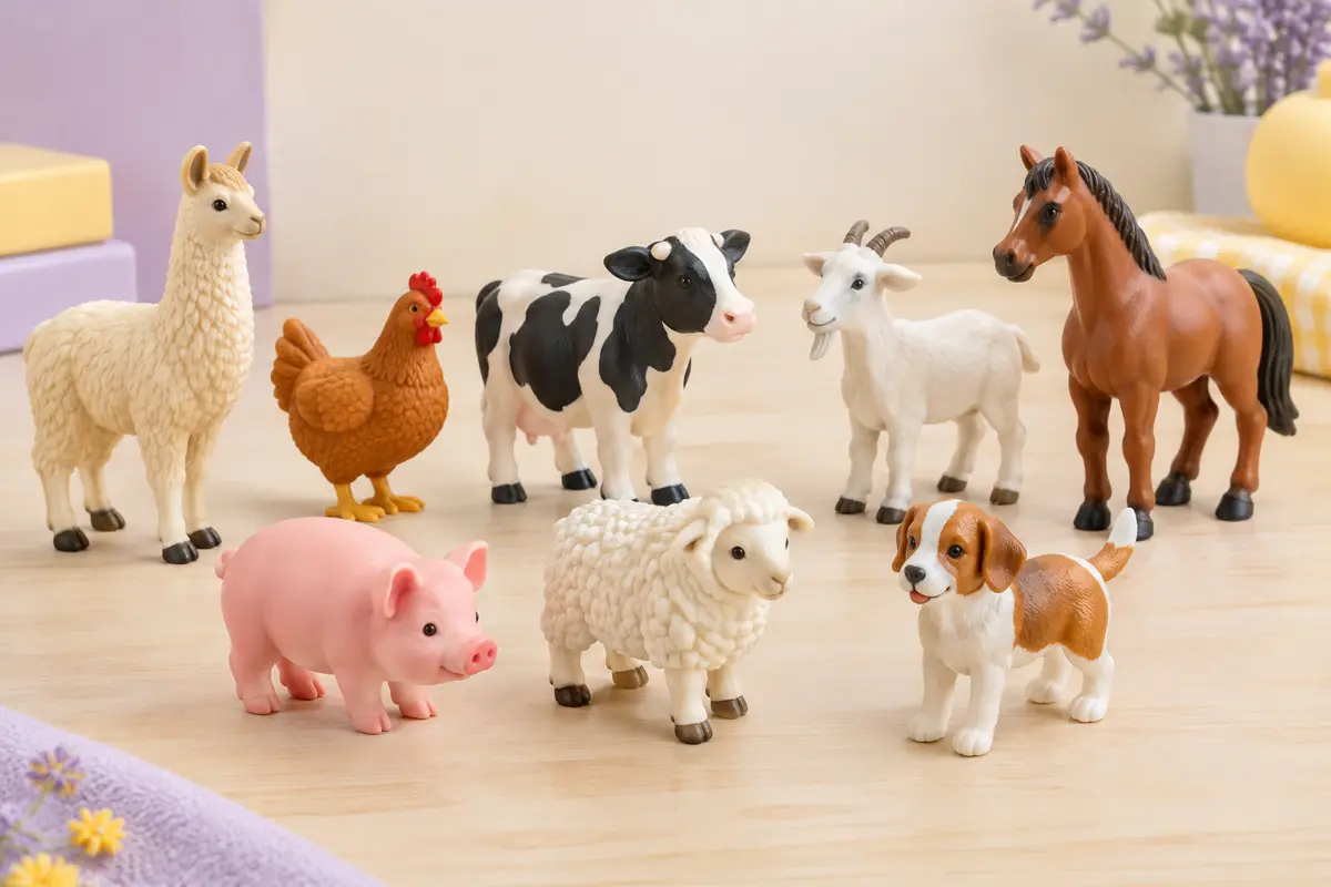 Huit figurines Little People multicolores représentant un lama, une poule, une vache, une chèvre, un cheval, un cochon, un mouton et un chien.