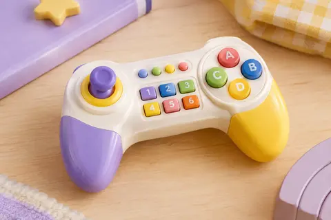Manette d’éveil en plastique multicolore avec joystick mobile et boutons sur un fond lilas et crème.