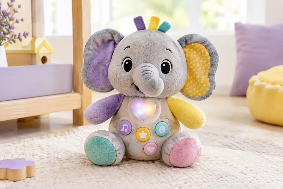 Peluche musicale d’éveil multicolore avec boutons sur le ventre et cœur lumineux, posée sur un tapis crème.