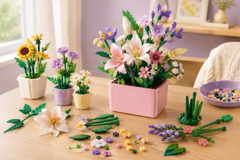 Kit Fivejoy de construction florale multicolore avec fleurs assemblées et boîte rose de rangement