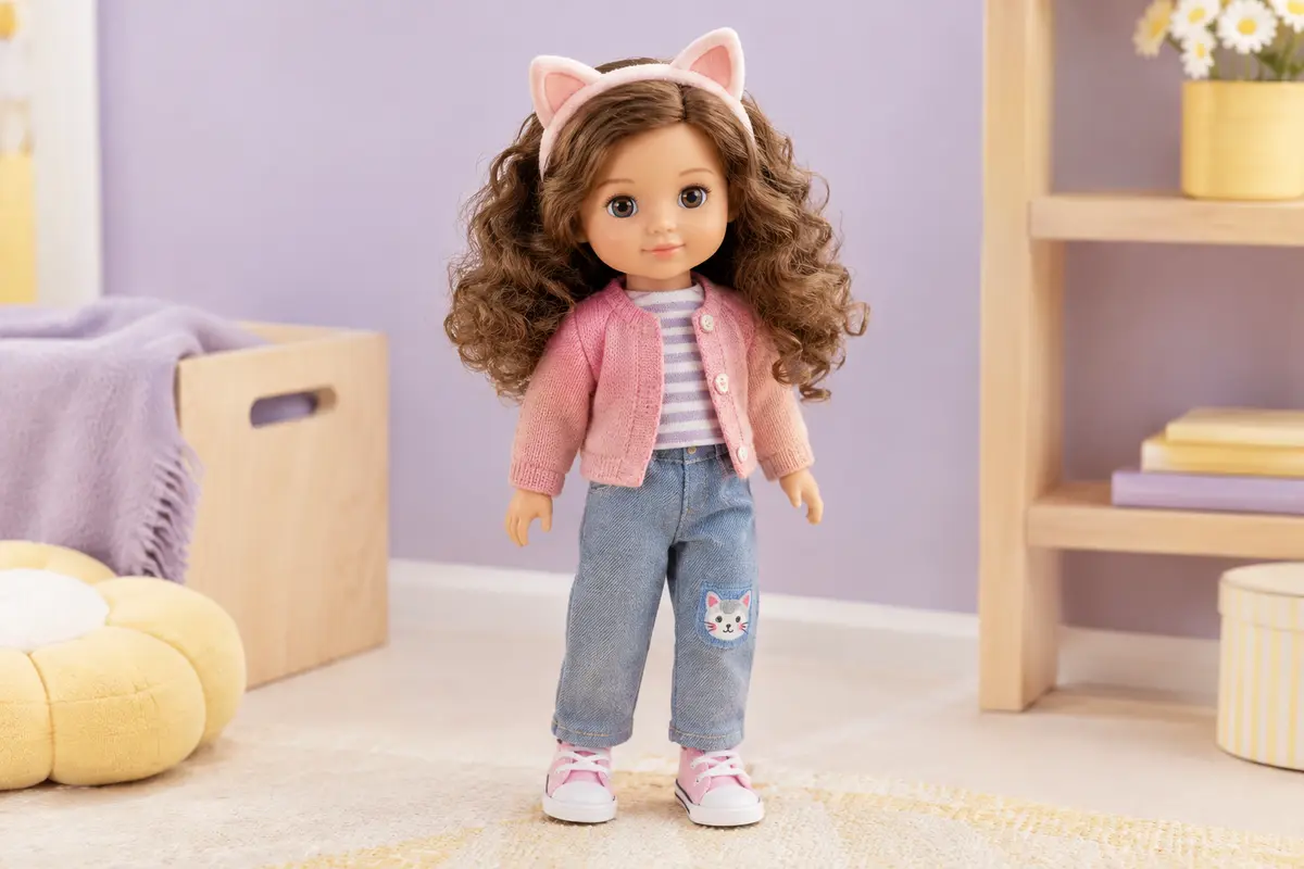Poupée articulée aux cheveux bouclés, vêtue d’un jean et d’un serre-tête oreilles de chat.