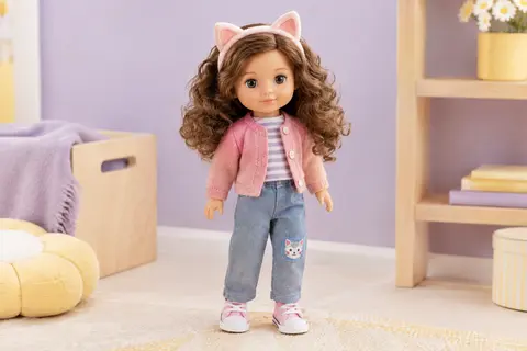 Poupée articulée aux cheveux bouclés, vêtue d’un jean et d’un serre-tête oreilles de chat.