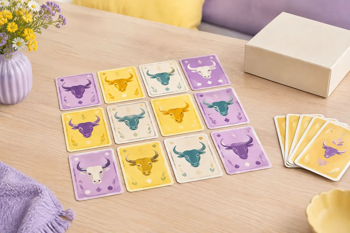 Cartes multicolores de 6 qui prend ! alignées en rangées sur une table claire