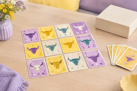Cartes multicolores de 6 qui prend ! alignées en rangées sur une table claire