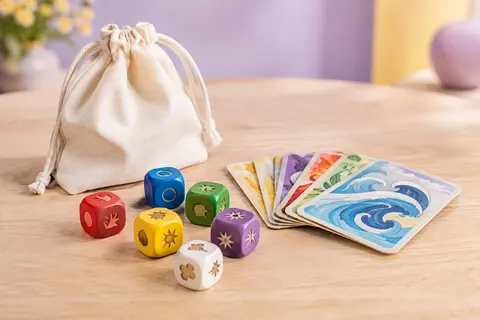 Dés multicolores, cartes de jeu et sac en tissu Wazabi posés sur une table en bois clair