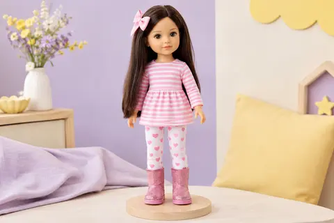 Poupée Sarinia aux cheveux bruns, vêtue d’une tunique rayée, d’un legging à cœurs et de bottes brillantes.