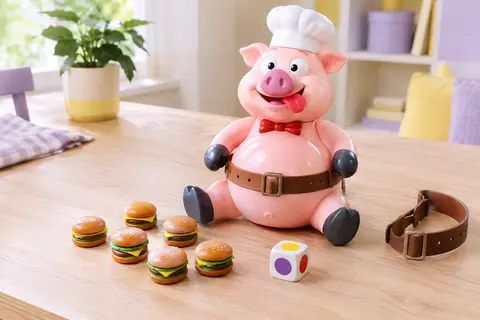 Jeu Cuisto Dingo avec son cochon en plastique, ses pions hamburgers et son dé sur une table claire.