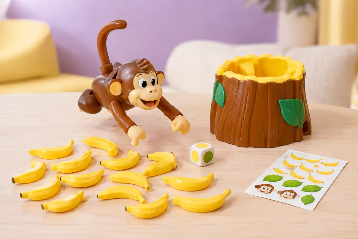Jeu Hop La Banana avec singe sauteur, réserve, bananes et dé sur une table claire