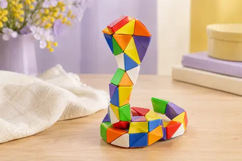 Casse-tête Nexcube Cobra formé de prismes colorés, posé sur une table en bois clair.