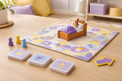 Plateau du jeu Réveille Pas Papa avec le personnage dans son lit, des pions et des cartes.
