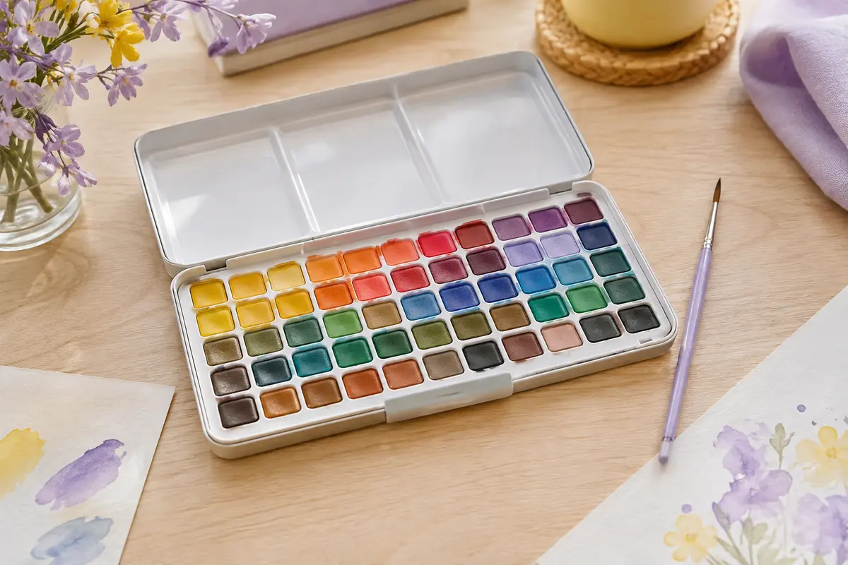 Palette d’aquarelle compacte aux 50 couleurs, accompagnée d’un pinceau fin sur une table claire.