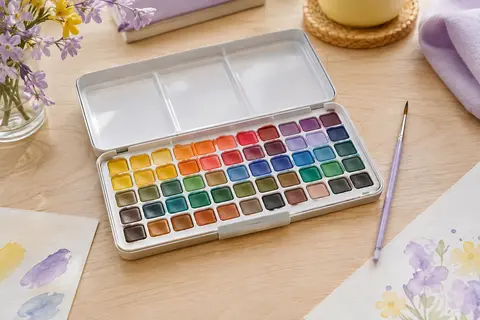 Palette d’aquarelle compacte aux 50 couleurs, accompagnée d’un pinceau fin sur une table claire.