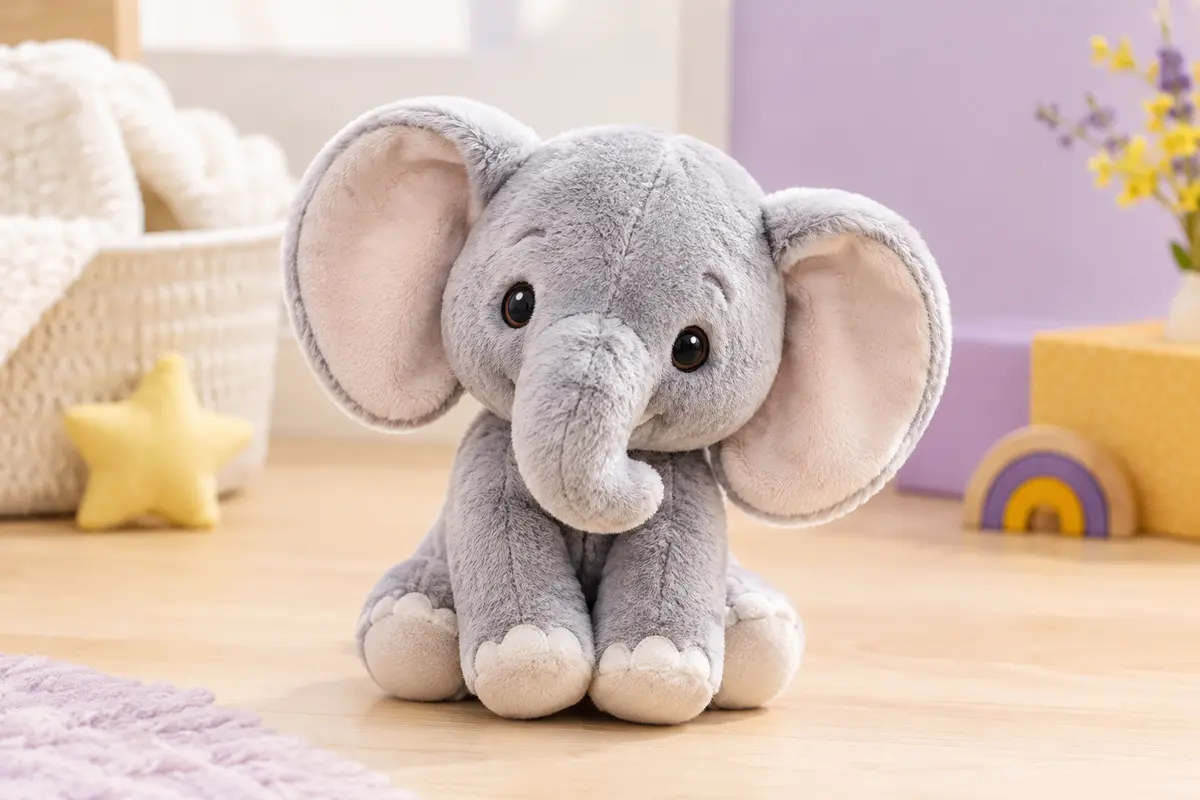 Peluche éléphant Flappy compacte, aux grandes oreilles souples, posée dans un décor clair aux tons doux