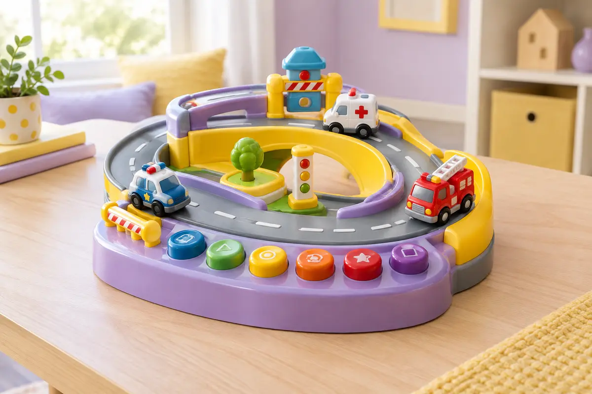 Circuit de voitures coloré avec boutons de commande et trois mini-véhicules d’urgence sur une table claire
