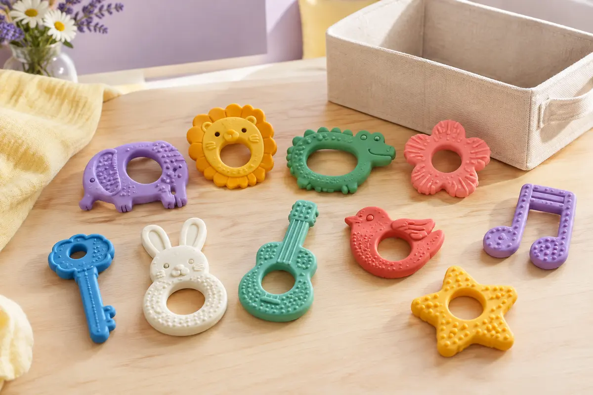 Lot de hochets de dentition en silicone aux formes variées présenté près d’une boîte de rangement