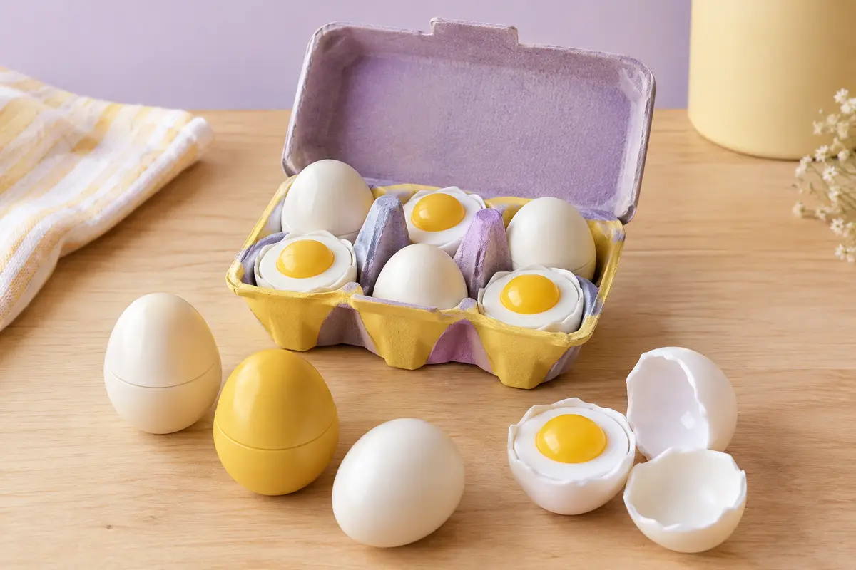 Boîte colorée ouverte avec six œufs jouets à coquilles ouvrantes pour compléter une dinette